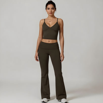 Camille Activewear Set – Top und Bootcut Leggings in Braun und Schwarz, perfect fit und flexible Performance für Training & Alltag