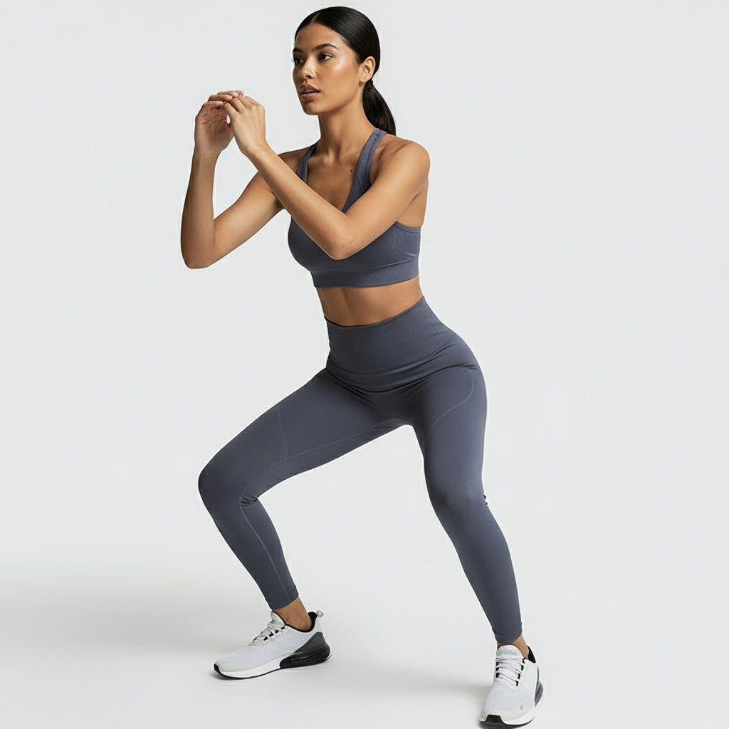 Fitness Set Sara in Blaugrau, bestehend aus eng anliegendem Top und High-Waist-Leggings, sitzt wie eine zweite Haut – stylisch, bequem und ideal für Yoga, Fitness oder Alltag.